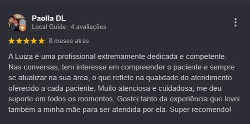 Avaliação pública no Google sobre atendimento da Dra. Luiza Lazzaretti 01